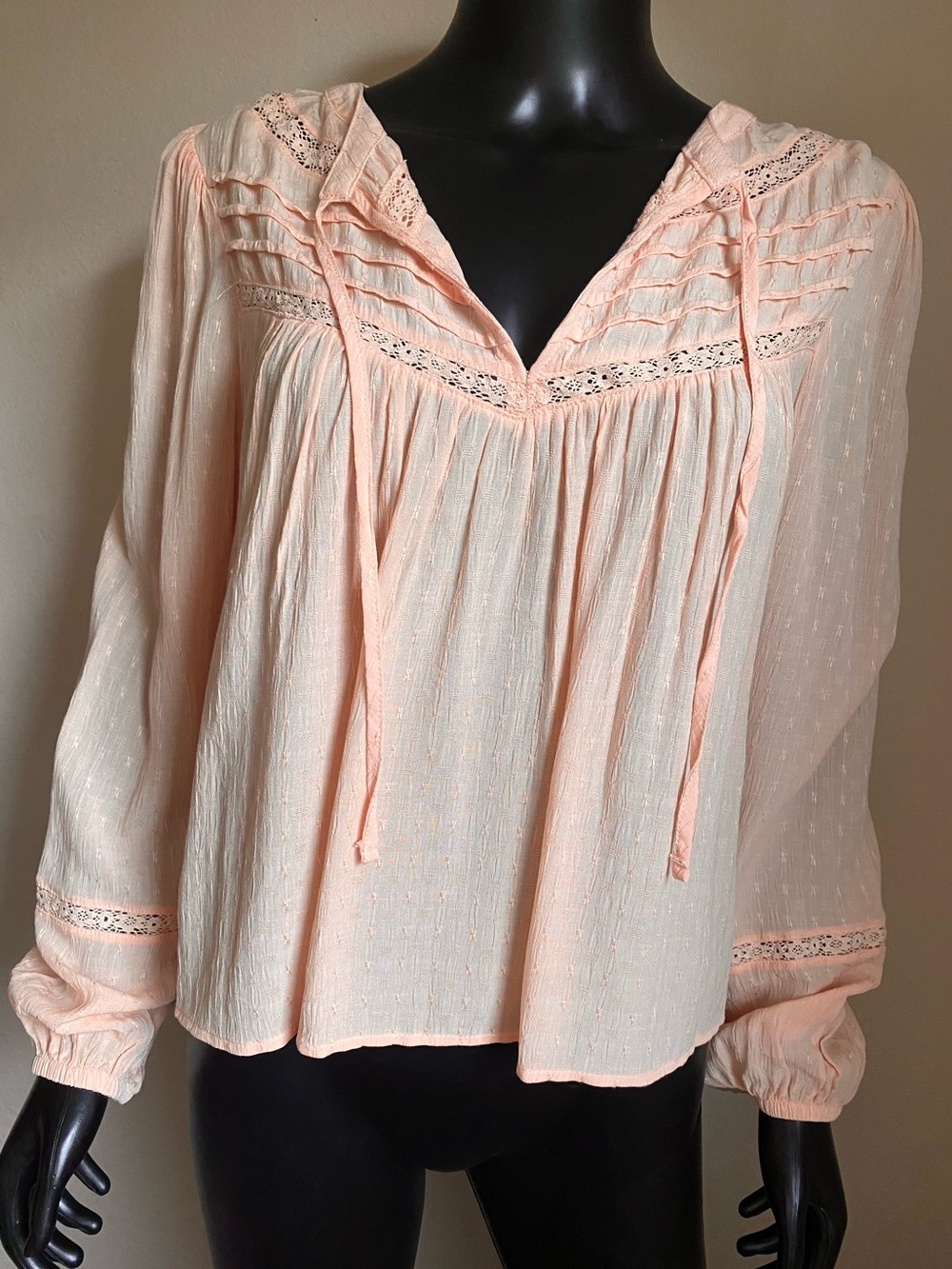 Boho Peach Gauze Peasant Tunic Top with Lace Trim NWTs